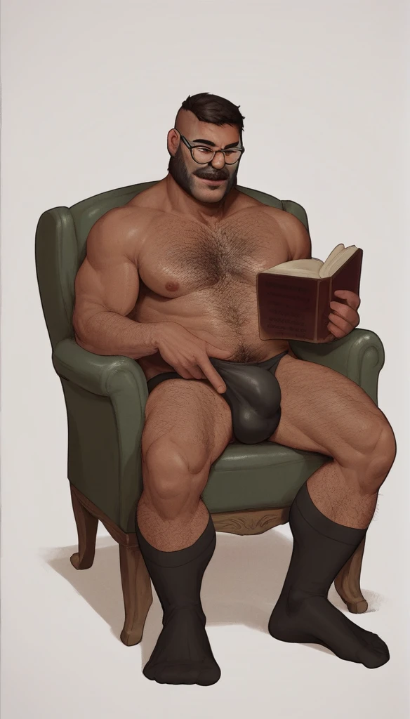 score_9, score_8_up, score_7_up, solo, male focus, mature male, mkkan0, cybernetic eye, mutton chops, h4rness, charming, full body shot, fully naked only wearing detailed darkest black black suit socks(socks1.4), high quality sock texture, mascular legs, hairy chest, hairy body, hairy legs, big foot, wearing black slip underwear, large bulge, sitting on a daddy chair and forelegs stretched, reading a book, wearing daddy glasses