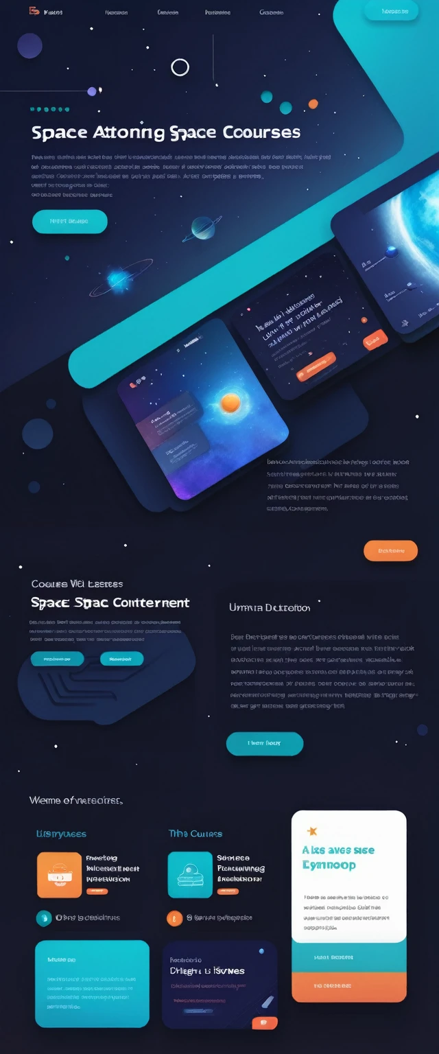 A futuristic and sleek website interface for space education courses. Dark background resembling deep space, with subtle twinkling stars. Dominant colors are deep blue, black, and accents of bright teal and warm orange. The main area features a 3D interactive model of space station that appears to float above the page. surrounding this are minimalist card layouts for different course categories, each with a small icon representing topics like Astronomy, Astrophysics, and Space Engineering. The top of the page has a slim header with a telescope-shaped search bar. Crisp, modern typography in white contrasts against the dark background. A sidebar shows glimpses of course content with high-quality space imagery. The overall aesthetic balances professional education with the wonder of space exploration, creating an immersive and cutting-edge digital learning environment.