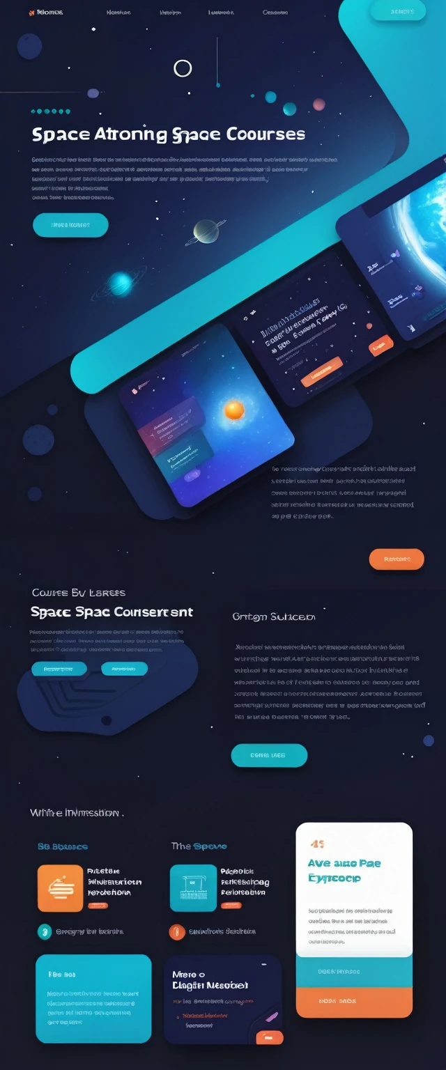 A futuristic and sleek website interface for space education courses. Dark background resembling deep space, with subtle twinkling stars. Dominant colors are deep blue, black, and accents of bright teal and warm orange. The main area features a 3D interactive model of space station that appears to float above the page. surrounding this are minimalist card layouts for different course categories, each with a small icon representing topics like Astronomy, Astrophysics, and Space Engineering. The top of the page has a slim header with a telescope-shaped search bar. Crisp, modern typography in white contrasts against the dark background. A sidebar shows glimpses of course content with high-quality space imagery. The overall aesthetic balances professional education with the wonder of space exploration, creating an immersive and cutting-edge digital learning environment.