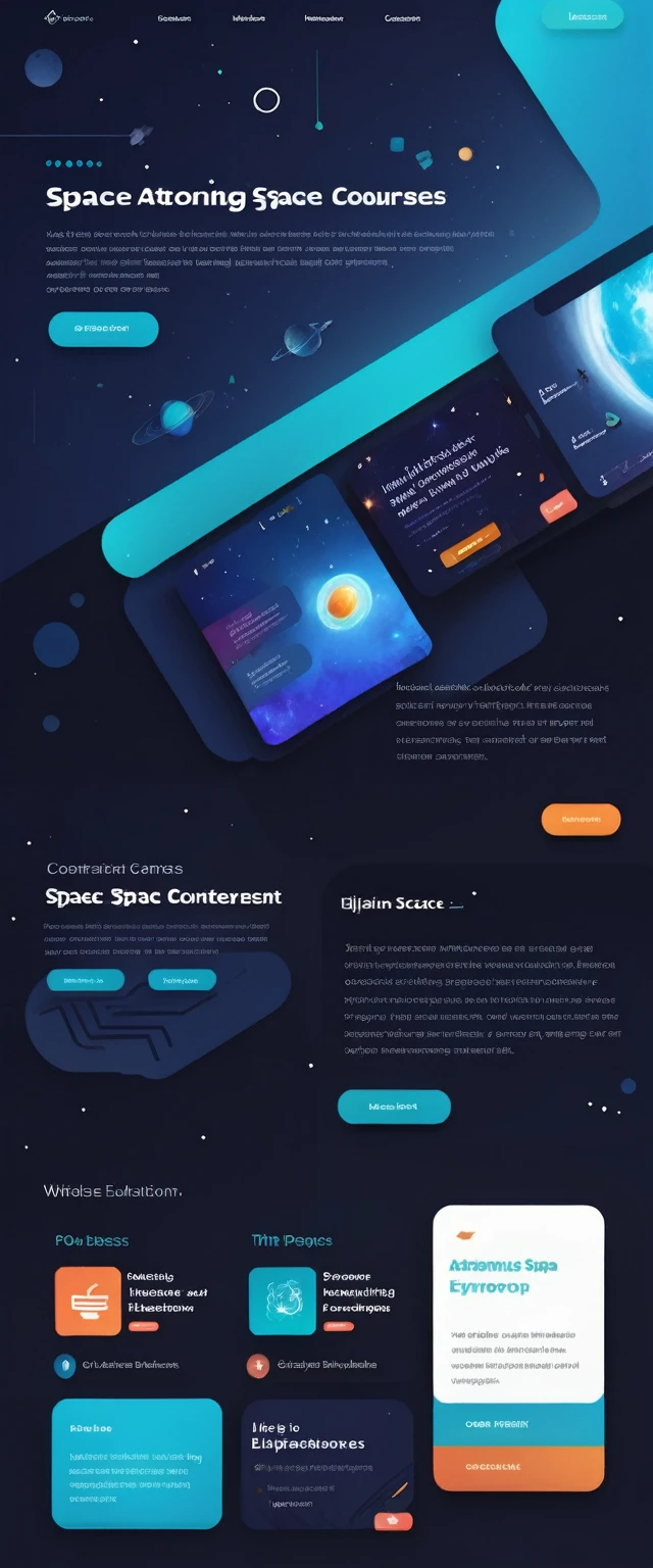 A futuristic and sleek website interface for space education courses. Dark background resembling deep space, with subtle twinkling stars. Dominant colors are deep blue, black, and accents of bright teal and warm orange. The main area features a 3D interactive model of space station that appears to float above the page. surrounding this are minimalist card layouts for different course categories, each with a small icon representing topics like Astronomy, Astrophysics, and Space Engineering. The top of the page has a slim header with a telescope-shaped search bar. Crisp, modern typography in white contrasts against the dark background. A sidebar shows glimpses of course content with high-quality space imagery. The overall aesthetic balances professional education with the wonder of space exploration, creating an immersive and cutting-edge digital learning environment.