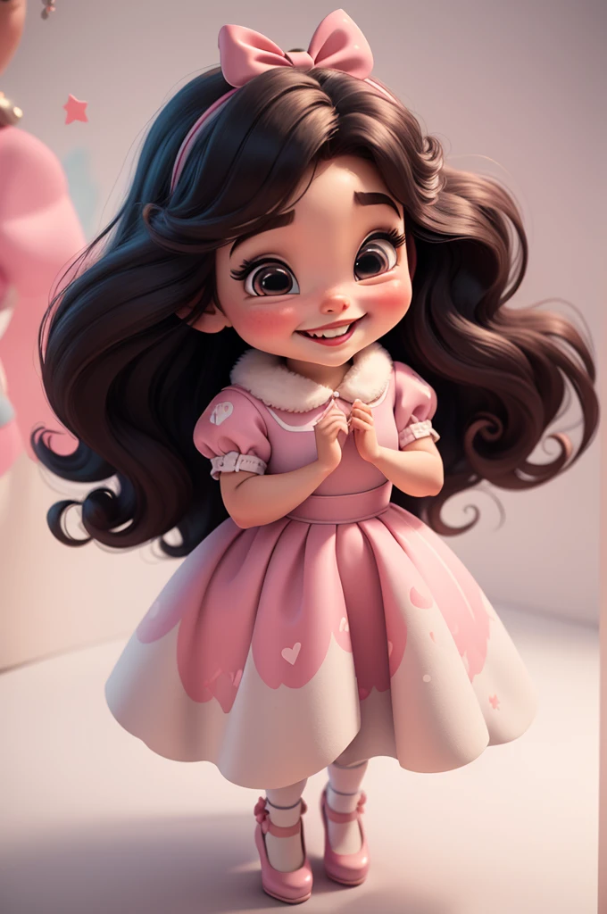 3d illustration, pixar style, cute chibi, baby girl adriana lima, black hair, long hair, red bow in hair, dress red with black with white dots, bright eyes, big eyelash, pink cheeks, happy, smiling, glitter, white socks, red high heels shoes, exuberant, fantastic, cute pose, wonderful, white background, clean solid background, hq, 8k, masterpiece