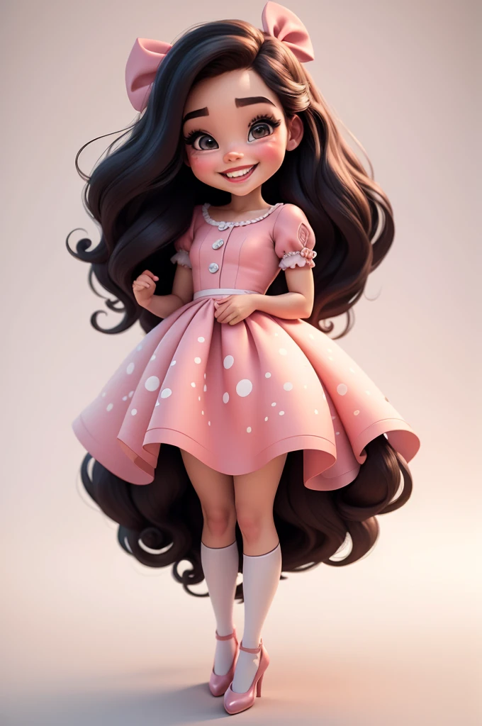 3d illustration, pixar style, cute chibi,  girl adriana lima, black hair, long hair, red bow in hair, dress red with black with white dots, bright eyes, big eyelash, pink cheeks, happy, smiling, glitter, white socks, red high heels shoes, exuberant, fantastic, cute pose, wonderful, white background, clean solid background, hq, 8k, masterpiece
