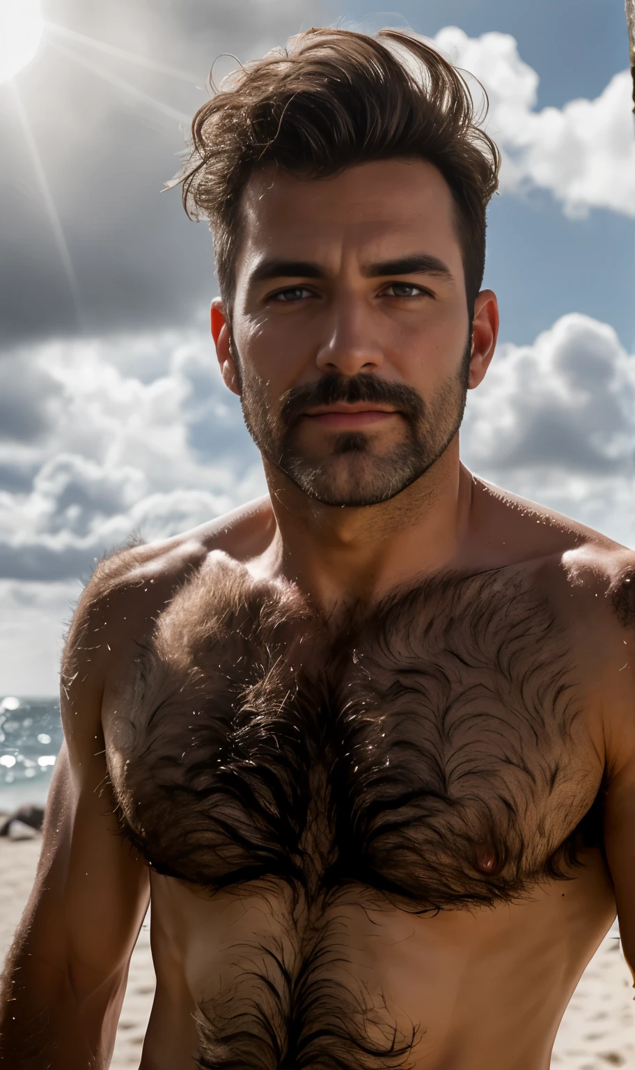 masterpiece, best quality, high resolution, closeup portrait, male focus, solo focus, A man, 60 years old, grey hair, in speedo, grey silver hair, messy hairstyle, cute and seductive face, old but attractive, bare chest, body hair, facial hair, pale skin, sun freckles, roman nose, very skinny body, hairy legs, cute, white chest hair, very hairy chest, dimples, scruffy beard, very hairy armpits, bold jawline , sweaty, in the background a beach on a cloudy day, view from below, amazing composition, front view, HDR, ultra quality, elegant, highly detailed