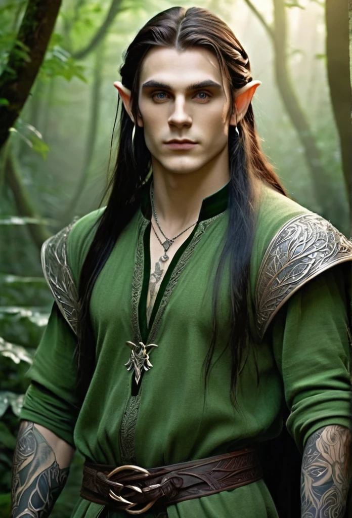 Young guy elf,(full body),long hair, defined body, tattooed,in a magical forest)light mist,he is a mystic forest, he's very detailed adorned with leaves and vines,he has amazing and beautiful green eyes,