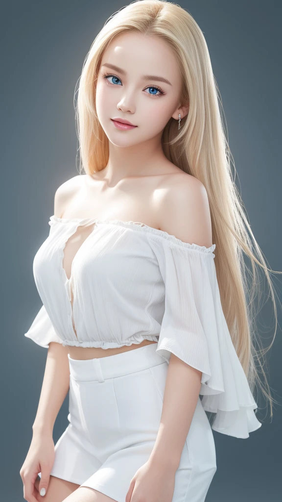 (((Tank top、Off-the-shoulder blouse、mini skirt、White background、Big Breasts)))、forehead、Big Breasts、Northern Europe、Russia、beautiful girl、Platinum Blonde Hair、Straight long hair、Hitting the face and front of the eyes、Big blue eyes、Sheer white and wet nightgown、Northern Europeの若者、Perfect body、White tendons、Glowing Skin、Young and beautiful skin、A perfect and beautiful little face、Bright makeup、Pale pink lips、Bright expression、16-year-old girl、lipstick、Deceptive advertising、Viewer&#39;s vision、Golden Hour Lighting、Bokeh Atmosphere Perspective、detailed、Movie Light、複雑なdetailed、High resolution、 フェイスデザインのdetailedな特徴、Attention to detail、Clear focus、Smoothness、aesthetics、Printed、Octane、{{masterpiece}}