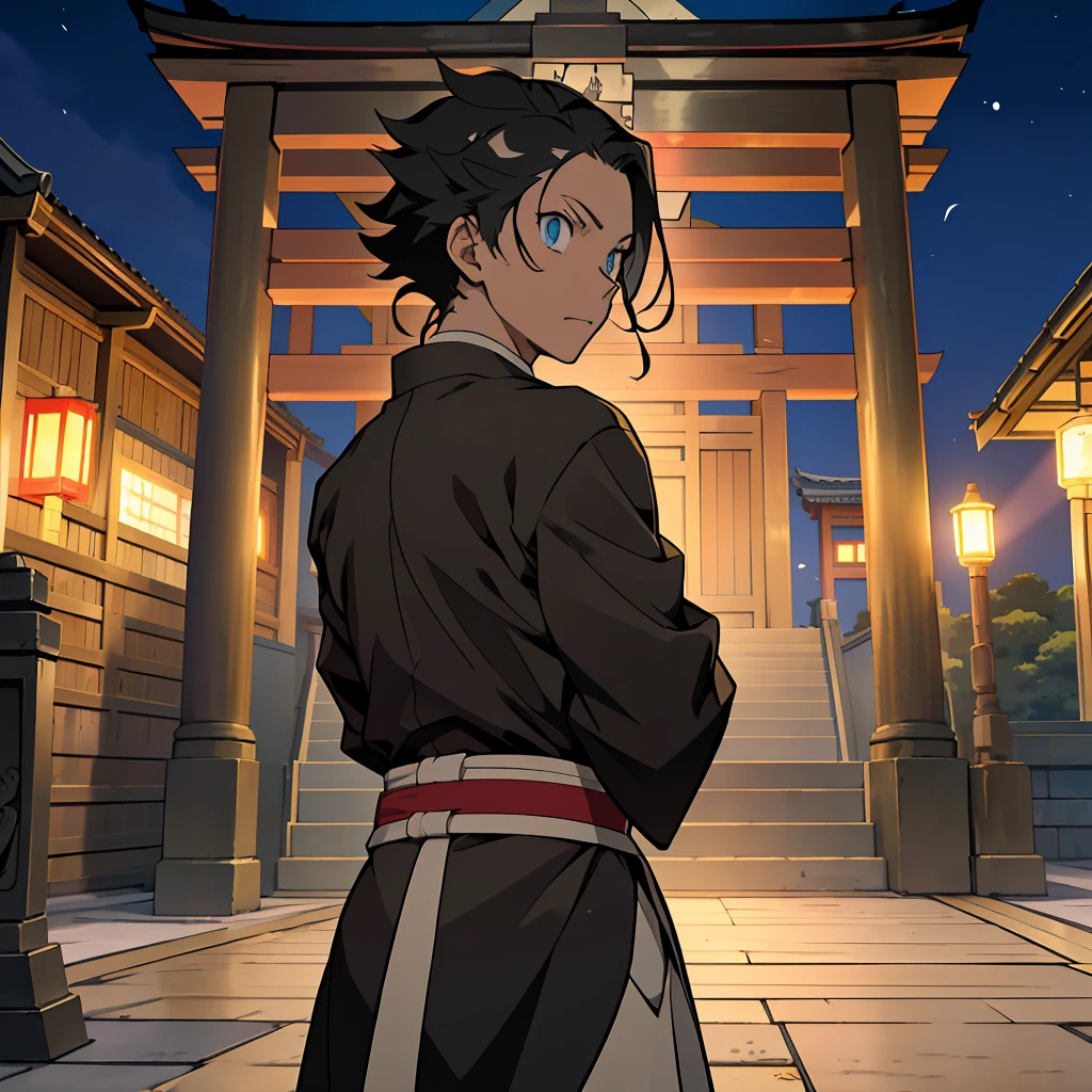 the anime, (Best Quality), ((1 adult boy)), ((muscled body)), Akaza (Hakuji) AB: kimetsu no yaiba, stands near the altar in a Japanese temple, (Night landscape in a Japanese temple), ((Ultra-short black hair)), ((Impassive blue eyes)), (((Hair back))), (((open forehead))), japanese clothes, white kimono, a waist belt, looks at the viewer, The Art of the Demon Slayer, demon slayer artstyle, kimetsu no yaiba