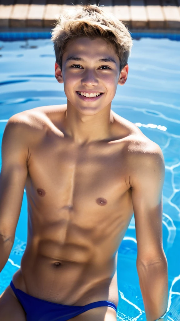 male Age 15 swimwear topless smile