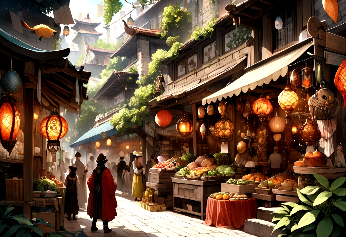 background: A bustling market in the Magic City, Creatures of various shapes and sizes object mysterious artifacts々Where to replace.

letter: Mischievous, Quick finger thief (By Keira) In the mysterious air, Steal powerful amulets from vendors' stalls.{Realistic}