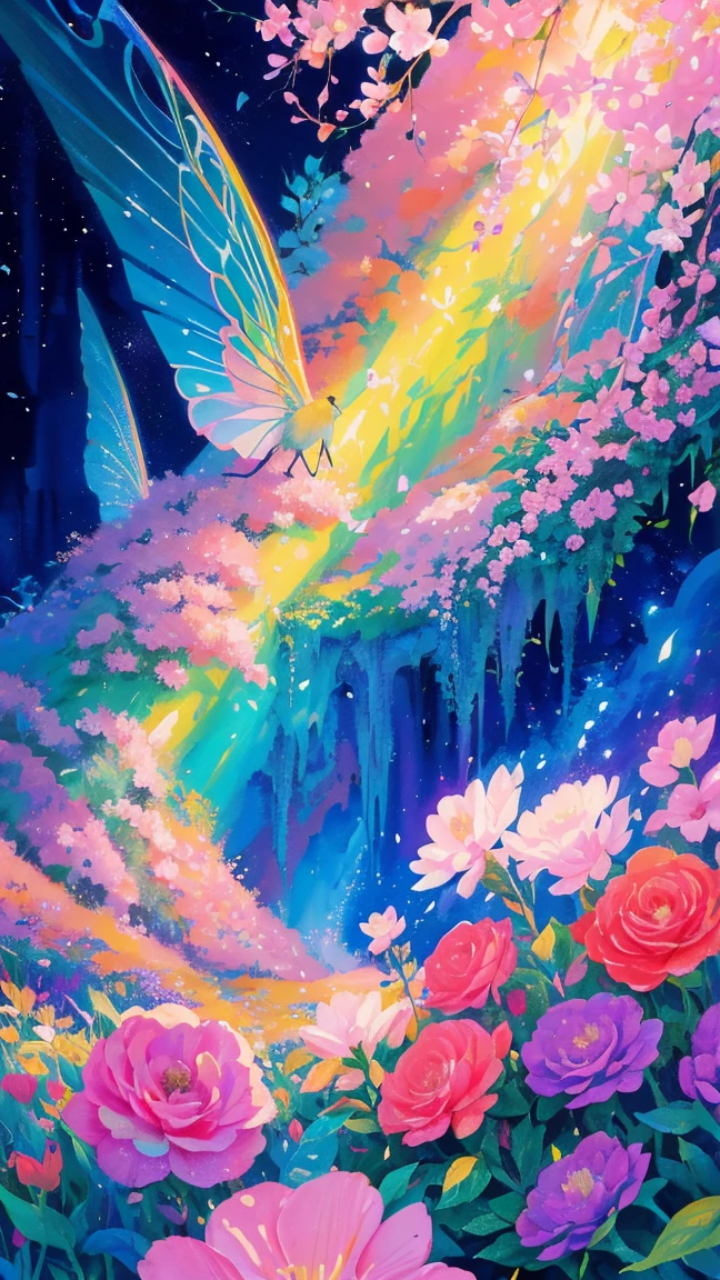 florals ,Colorful flowers ,background are the flowers,Surrounded by flowers,Seamless design,Fantasy Forest, neonlight, Realistic, Glow,Manhwa Style, Paint with vivid watercolors ,extremely detaile, highly detailed, tmasterpiece, Fairy tale background, in wonderland, Dynamic colors, Fairytale glow,