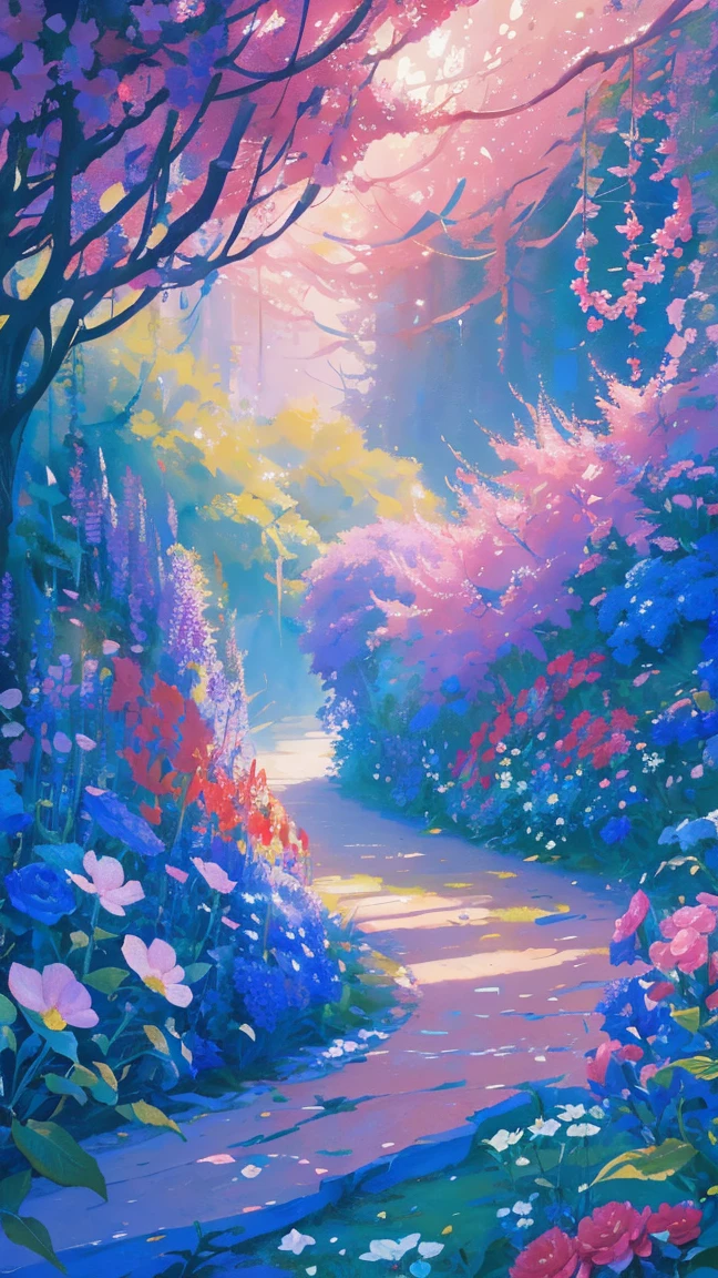 florals ，Colorful flowers ，background are the flowers，Surrounded by flowers，Seamless design，Fantasy Forest, neonlight, Realistic, Glow，Manhwa Style, Paint with vivid watercolors ,extremely detaile, highly detailed, tmasterpiece, Fairy tale background, in wonderland, Dynamic colors, Fairytale glow, 