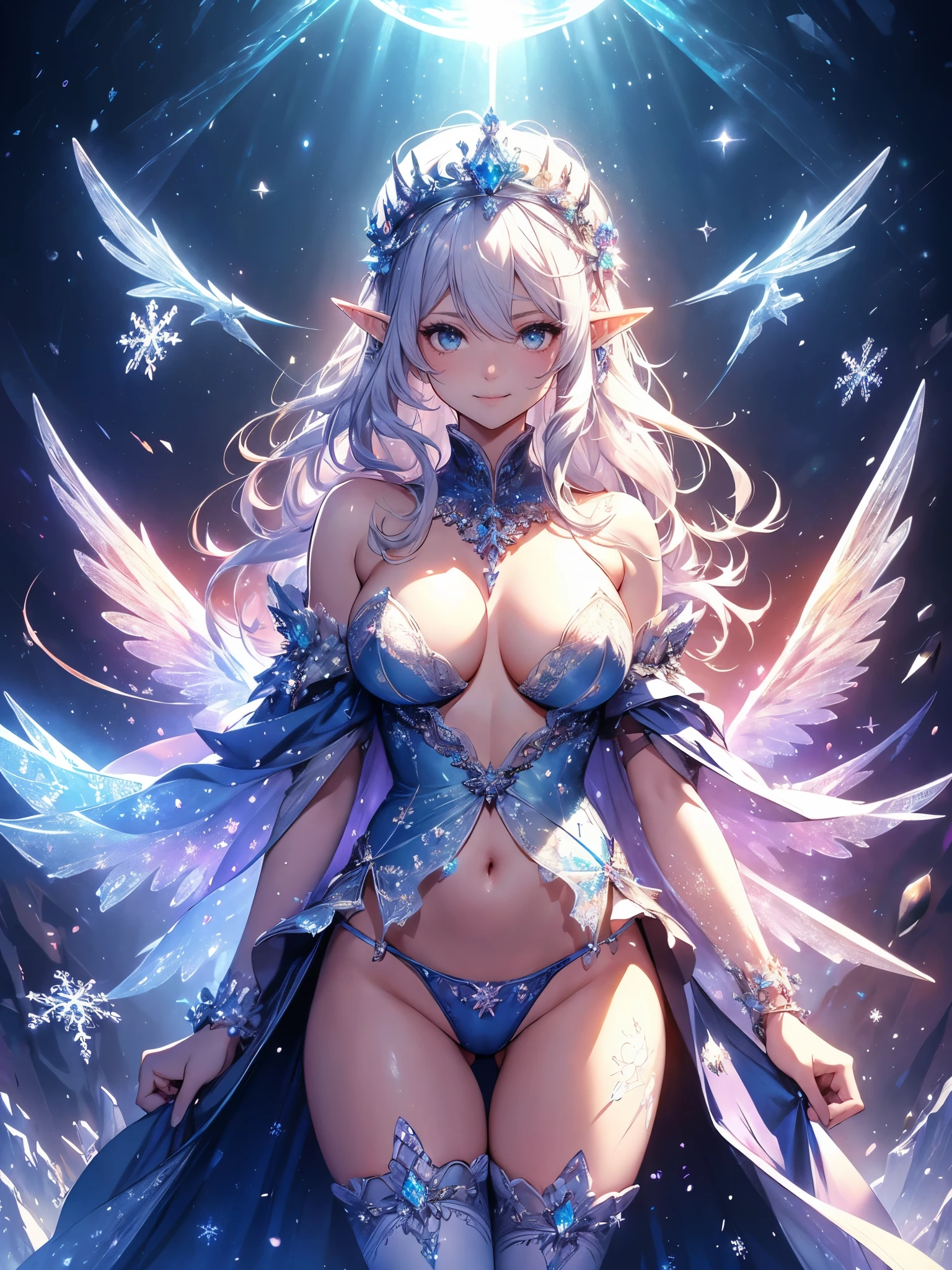 最high quality、1 woman elf、Succubus、(( cowboy shot ))((underwear))'((low angle1.5 ))、beautiful瞳、tears、、beautiful装飾、brassiere、panty、Ice tiara、Swirling Ice、Crystal of snow、A world made of ice、最high quality , fractal art.Ice Throne、ice World、bikini、beautiful胸、Large Breasts　((Laugh beautifully、))((Glowing ice　))SMqueen、beautiful顔、Orgasm、Ecstasy、全身beautiful装飾の下着、Devil's World、Ice crystals、Crystal of snow、Ice wall、ice World、Bigger on the front、 beautiful輝き,High-definition depiction, Realistic, 8k, Unity, beautiful太もも,,Giant Devil's Wings、虹colorに輝く翼、、 light smile, Beautifully and vividly drawn, , beautiful beautiful透き通る肌、輝くbeautiful装飾の魔法、、  demon king、、beautiful装飾、 , beautiful、 Romanticism,mosquito。 混沌の最もbeautiful形, Mr..々color, Intertwined flowers, P article,Magical gentle light,smile,,image quality、masterpiece、beautiful顔、Super beautiful elf woman((Big breasted 22 year old office lady、Bust 120,Beautiful long ironed hair、Silver Hair、height: 165cm。、Esbian、、high quality、、Visual Arts、最high quality、1 woman elf NP: Worst quality ,beautiful fractal art　、frozen、、light、Beautiful radiance,High-definition depiction, Realistic, 8k, Unity, , light smile, Beautifully and vividly drawn, , Beautiful, beautiful, clear skin、 Countless rays of light pouring down, Swirling Light, big background, , Intense light is emitted from the magic circle in front of the girl. Romanticism,Cowboy Shot:  最high quality　nsfw　