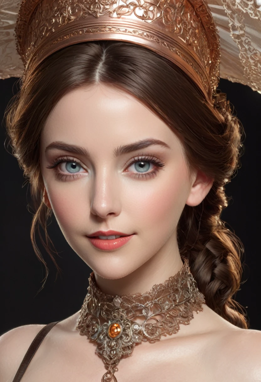 An extremely beautiful female from the Victorian era, featuring perky breasts and noticeable cleavage, wearing an ornate choker made from intricate copper wires. She is dressed in a Dickensian gown crafted entirely of woven copper wires, paired with a large Victorian ladies' hat made of silver. She has a wide, charming smile with detailed, wide eyes and is striking a sexy pose. The artwork is inspired by Rococo fantasy, showcasing intricate details and an alluring gaze. She possesses a cute, charming expression, beautiful eyes, and an ideal figure, with large, youthful, well-shaped breasts and a massive, round bosom with a visible décolletage. Her slim waist and fit body are complemented by full, warm lips. The image is illuminated with warm lights, featuring sexy shots and attractive poses. This stunning beauty is a merge of Alison Brie, Scarlett Johansson, and Dove Cameron, with a symmetrical face rendered in photorealistic quality. The photography includes path tracing, specular lighting, and volumetric face lighting, with path traced hair at maximum quality. The overall artwork is a masterpiece in 8K high resolution, top-quality, with woven copper, bronze, and silver elements covering her body in ornate designs.