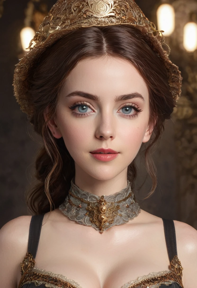An extremely beautiful female from the Victorian era, featuring perky breasts and noticeable cleavage, wearing an ornate choker made from intricate copper wires. She is dressed in a Dickensian gown crafted entirely of woven copper wires, paired with a large Victorian ladies' hat made of silver. She has a wide, charming smile with detailed, wide eyes and is striking a sexy pose. The artwork is inspired by Rococo fantasy, showcasing intricate details and an alluring gaze. She possesses a cute, charming expression, beautiful eyes, and an ideal figure, with large, youthful, well-shaped breasts and a massive, round bosom with a visible décolletage. Her slim waist and fit body are complemented by full, warm lips. The image is illuminated with warm lights, featuring sexy shots and attractive poses. This stunning beauty is a merge of Alison Brie, Scarlett Johansson, and Dove Cameron, with a symmetrical face rendered in photorealistic quality. The photography includes path tracing, specular lighting, and volumetric face lighting, with path traced hair at maximum quality. The overall artwork is a masterpiece in 8K high resolution, top-quality, with woven copper, bronze, and silver elements covering her body in ornate designs.
