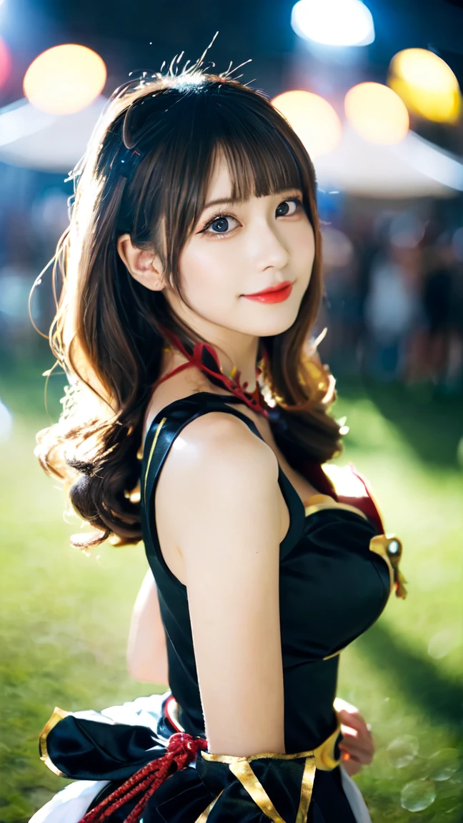 ((idol costume:1.5)), ,The cutest gravure idol pose in the world、perfect proportions、big breasts, valley, cute、((18 year old female:1.ung adorable japanese face,outdoor festival, official art,Highly detailed CG Unity 8K wallpaper,(masterpiece:1.0),(highest quality:1.0), 超A high resolution,4k,Super detailed, photo shoot, 8K, nffsw, High resolution, kodak portrait 400, film grain, lens flare glow,高いest quality,8K,nffsw:1.2),portrait shot,8K、View viewer、view from the side