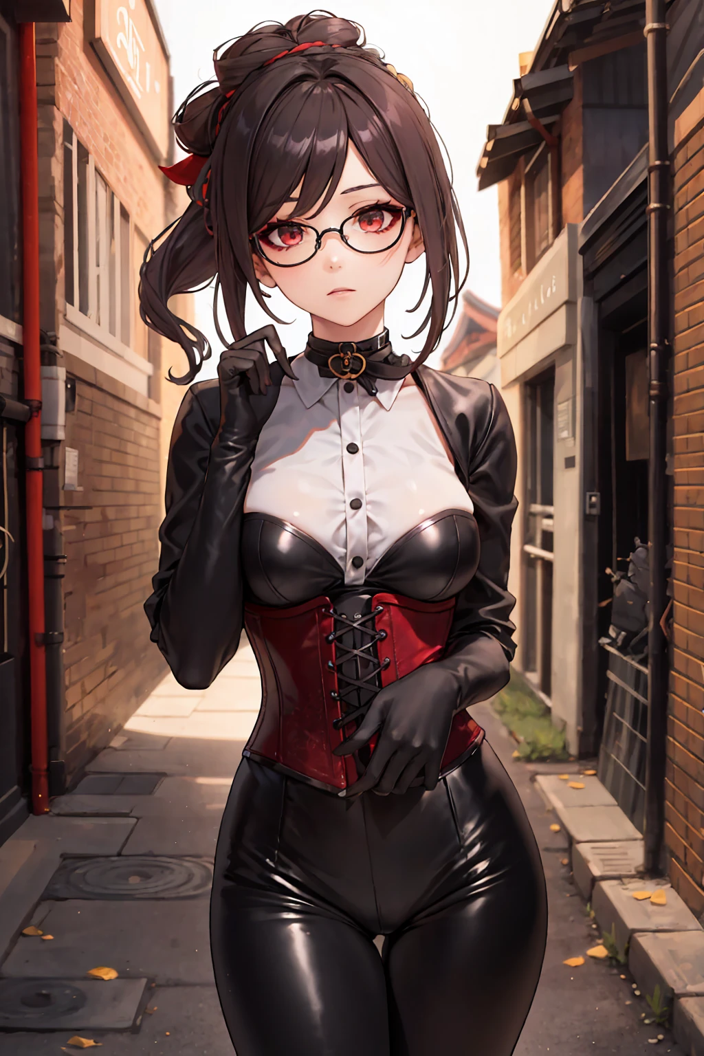 1 girl, Chiori \(genshin impact\), Alone, choker:1.6, White long sleeve shirt with long sleeve collar, black leather corset, black gloves that cover your hands, shiny black leggings, glasses, looking at the viewer,, inside, depth of field, expressionless, alley, at night