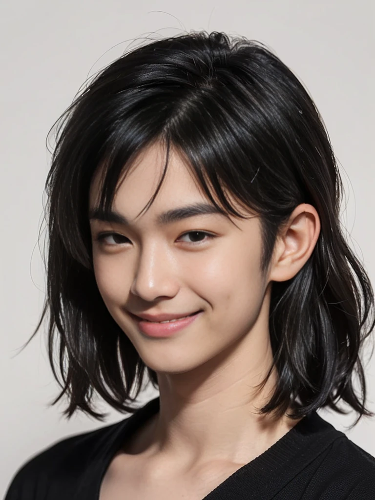 (((Masterpiece))), (high quality), one Japanese boy, 18 years old,(tall and thin,sleepy droopy eyes, long face,thin cheeks:1.5),(black shaggy short hair,blank expression,smile:1.5),(Plain background:1.5),