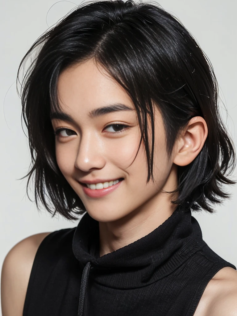 (((Masterpiece))), (high quality), one Japanese boy, 18 years old,(tall and thin,sleepy droopy eyes, long face,thin cheeks:1.5),(black shaggy short hair,blank expression,smile:1.5),(Plain background:1.5),