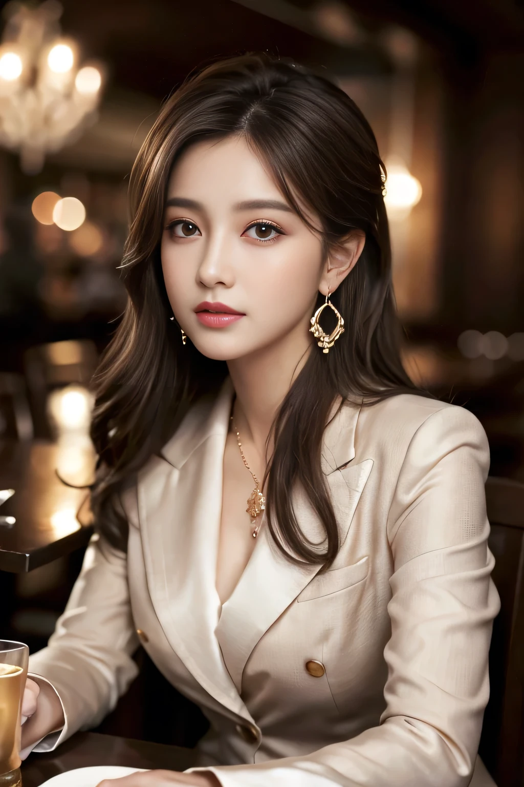 masterpiece, Highest quality, Realistic, Very detailed, Finer details, High resolution, 8k wallpaper, One beautiful woman,Wear a nice suit, In a great restaurant, At night, Light brown messy hair, Perfect dynamic composition, Beautiful and beautiful eyes、Big earrings、Sitting、