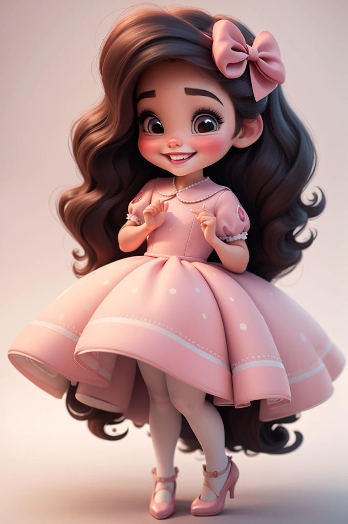 3d illustration, pixar style, cute chibi, baby girl ariana grande, black hair, long hair, red bow in hair, dress red with black with white dots, bright eyes, big eyelash, pink cheeks, happy, smiling, glitter, white socks, red high heels shoes, exuberant, fantastic, cute pose, wonderful, white background, clean solid background, hq, 8k, masterpiece