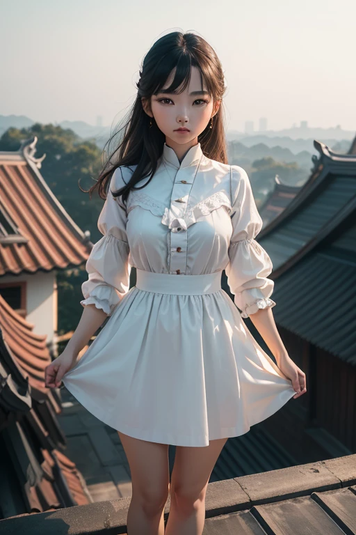 1 girl, Korean models, extremely beautiful, perfect body. Photo taken with Canon EOS R5 85mm f/11, Capture mode ((high solution)) people and surrounding scenery. Image quality ((8K)), ((Lifelike)), ((masterpiece)), ((high solution và tương phản cao nhất)), ((large depth of field)), ((stereoscopic light)). Close-up photo of girl standing on the roof of the house