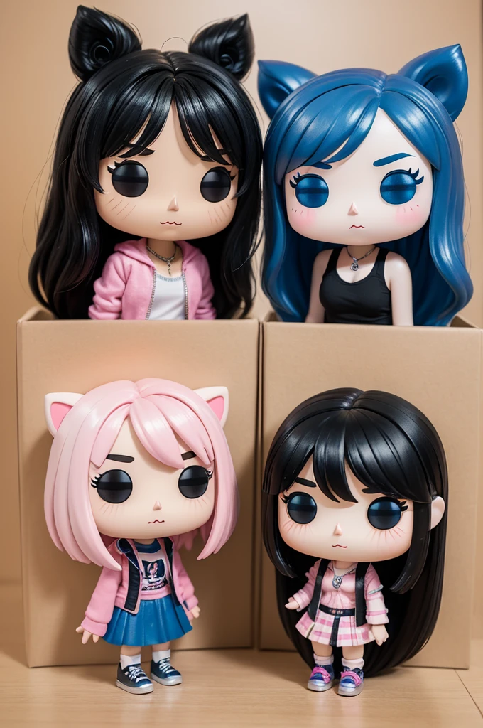 Create a funkopop with the name kaori with pink and black hair asian with the silver and blue box