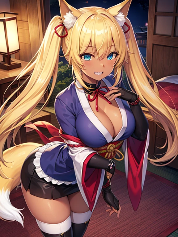 (Front Focus),(In the Dark:1.6), (masterpiece, Highest品質, Highest, Official Art, beautifully、aesthetic:1.2), Game CG, Extremely detailed and realistic CG, colorful, masterpiece, Highest品質, Jewel-like eyes, One girl, alone, (Blonde:1.5), Shiny Hair, Very long straight hair, Twin tails, thin, thin脚, Fox Girl, Japanese Shrine Maiden Costume, Black Shrine Maiden Clothes, mini skirt, Succubus Boots, Aqua blue eyes, Large Breasts, Saggy breasts, Cleavage, black elbow gloves, latex, Grin, smile, Jig eyes, Juru, Half-closed eyes, tsurime, hotel bedroom background, From a viewpoint, Highest quality eyes, Sharp teeth, Tsundere, Are standing, Contrasting, Raise the hand, (Dark Skin:1.0), Fox Ears, Fox's Tail, mesugaki, teasing, Conceit, pretty girl, , Open your mouth, tooth, Sticking out tongue, Pointed Ears, Pink Heart Tattoo, (Sharp focus:1.2), thin腕, thin脚, overview, Last, Bitch, Dark Skin, Dark Skin,