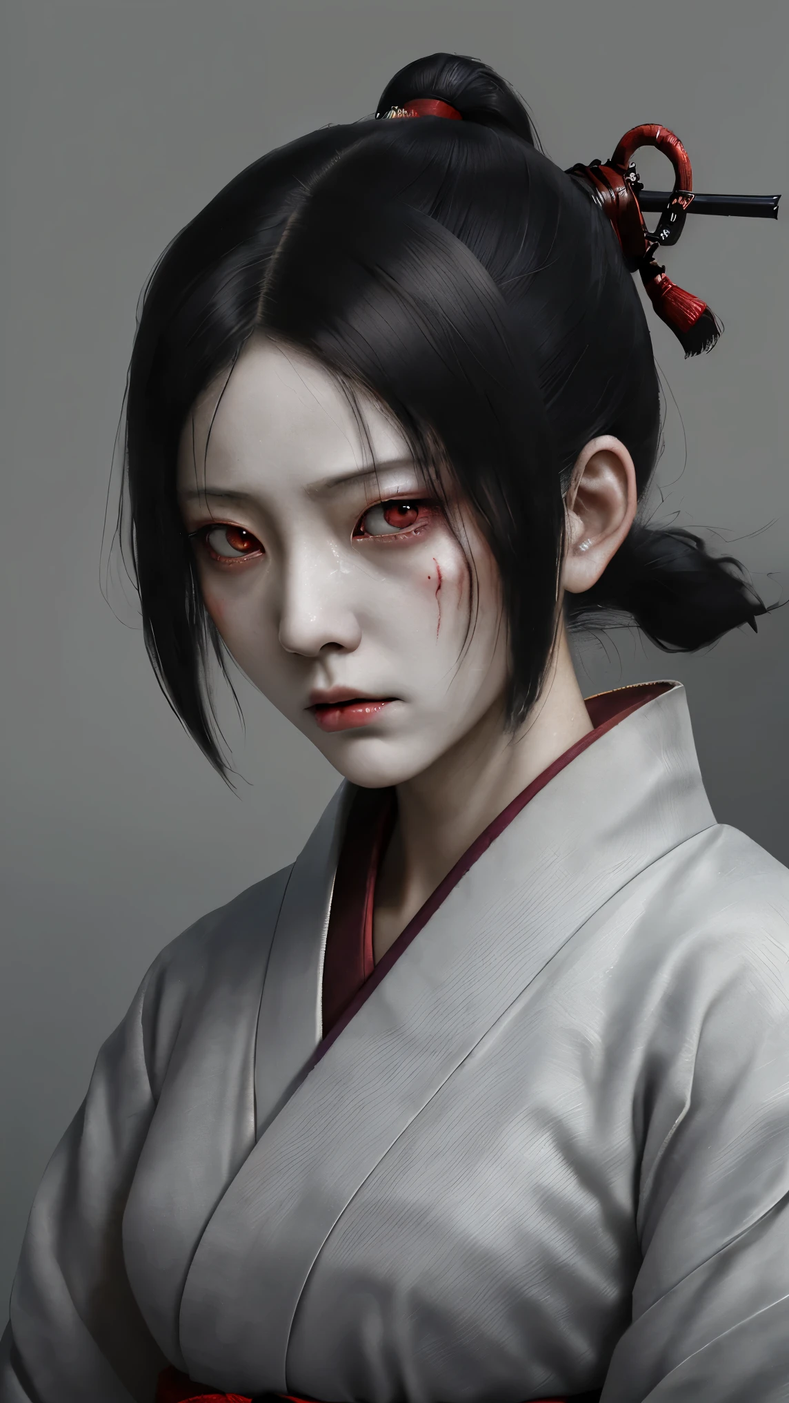 A ghostly depiction of Oiwa, a betrayed woman turned vengeful spirit from Yotsuya Kaidan. She has a distorted, haunting face and wears traditional Japanese attire. The background is a dark, eerie setting with a hint of supernatural elements, evoking a sense of fear and revenge.