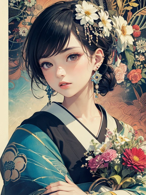 (masterpiece, Highest quality, Highest quality, Official Art, beautifully、aesthetic:1.2), (One girl:1.3), Very detailed,(Fractal Art:1.1),(Flowers:1.3),Vivid color patterns、(Dynamic pose), (Abstract background:1.3), (Traditional fabrics of Japan:1.2), (Shiny skin), (Many colors:1.4), ,(Earrings:1.4),