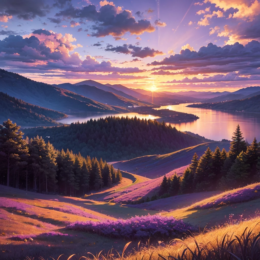 A beautiful purple sky, dramatic sunset, glowing clouds, detailed landscape, rolling hills, lush greenery, serene lake, reflection, dramatic lighting, painterly style, vibrant colors, photorealistic, 8k, high quality, masterpiece