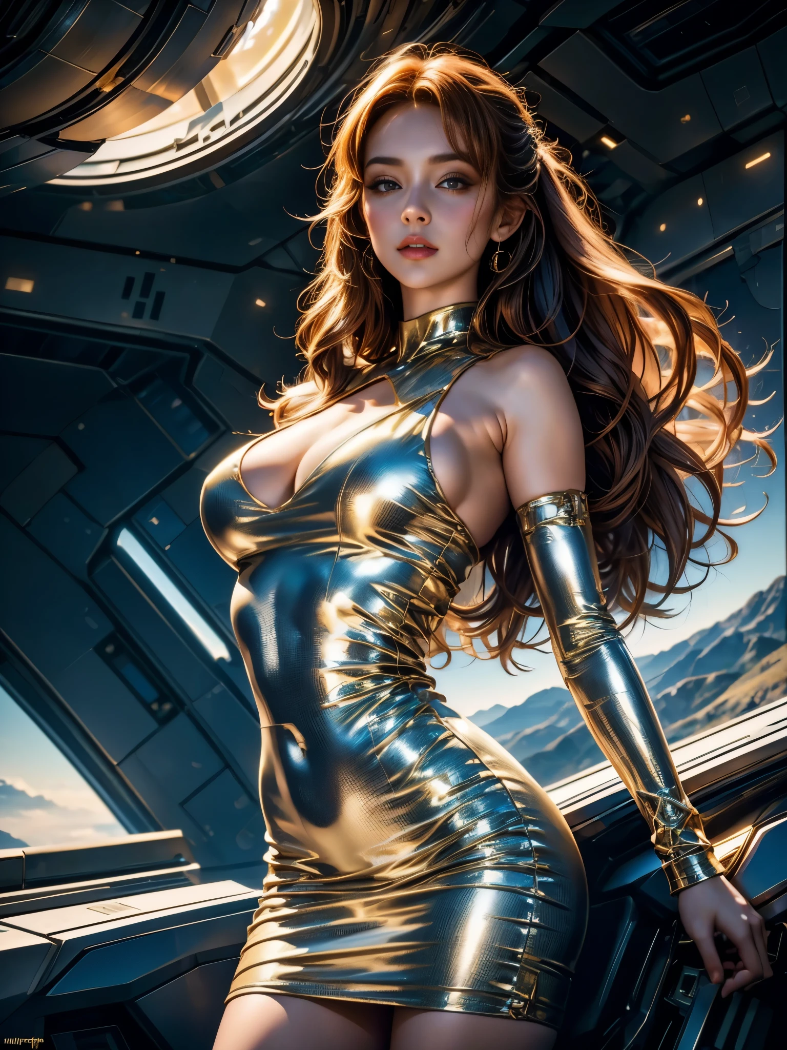 (best quality, 4k, Masterpiece, Ultra detailed, hyperrealism, RAW quality), 2 girls, (multiple models), Beautiful young girl, very attractive, sensual, very feminine synthetic fabric astronaut gala costume, ((tight dress)) from the side to the viewer, ((perfect view of her figure)), the rays of light illuminating her hair, interstellar spaceship, climbing metal spiral stairs, the powerful light that illuminates the scene comes from below them, looking at the Milky Way above of them.