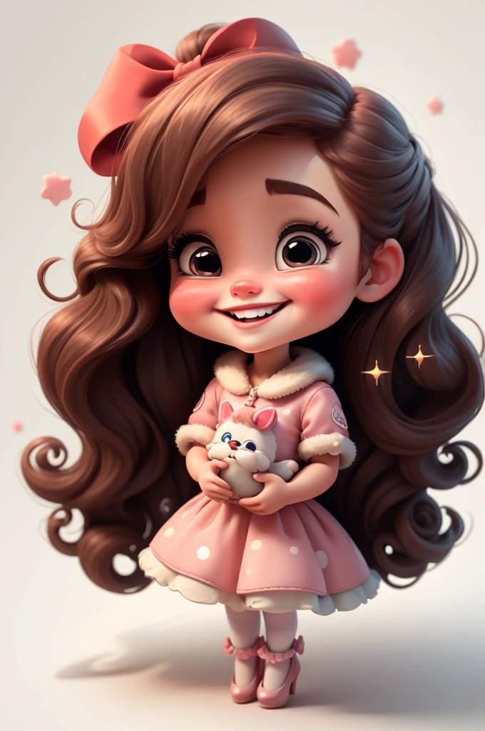 3d illustration, pixar style, cute chibi, baby girl ariana grande, black hair, long hair, red bow in hair, dress red with black with white dots, bright eyes, big eyelash, pink cheeks, happy, smiling, glitter, white socks, red high heels shoes, exuberant, fantastic, cute pose, wonderful, white background, clean solid background, hq, 8k, masterpiece