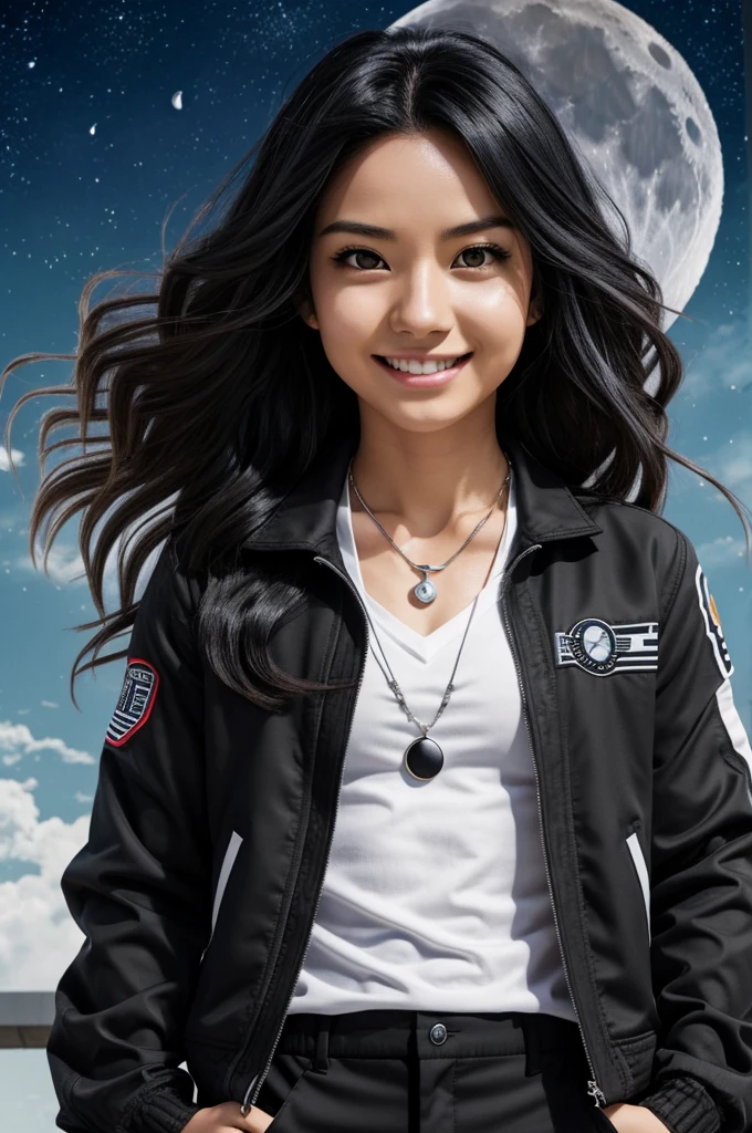Boku no Hero Academia Template, beautiful woman, long wavy black hair with white highlights, slanted eyes, grey eyes, happy expression on face, moon shaped necklace, He wears a black shirt with a gray jacket with white stars, short negro, 