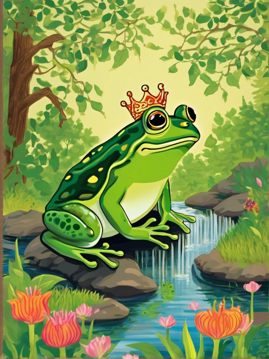 Frog Prince,cartoon creature in style of Grandma Moses