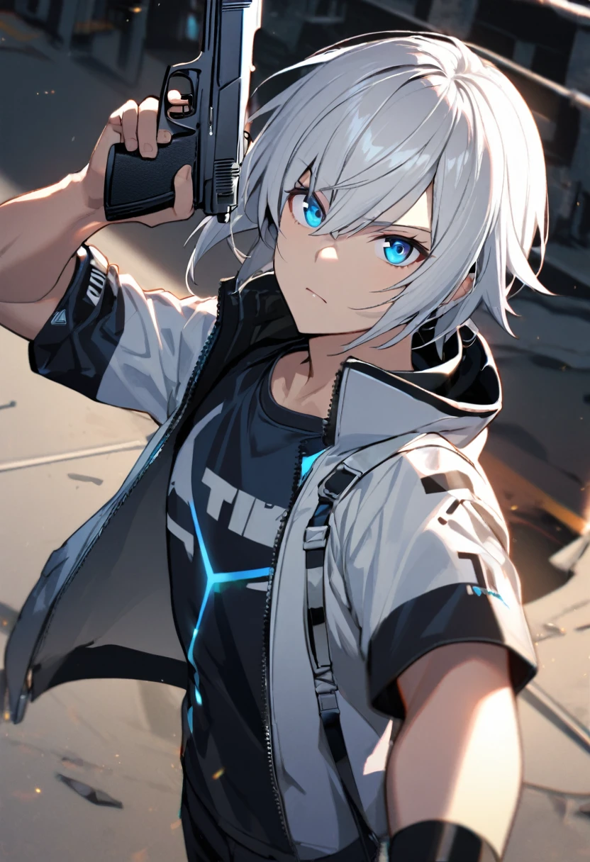 1boy, white hair, 1steel arm, holding pistol, blue eyes, tech wear, look to viewer, nice pose, tshirt jacket