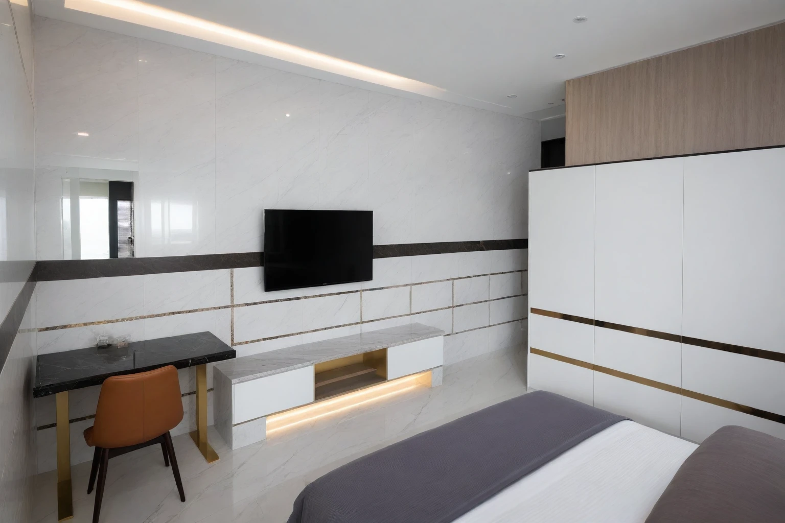 Raw photo,Masterpiece, high quality, best quality, authentic, super detail,
indoors, interior , (( BEDROOM :1.3)), modern style, daylight, (WHITE WALL),luxury, marble tile floor,