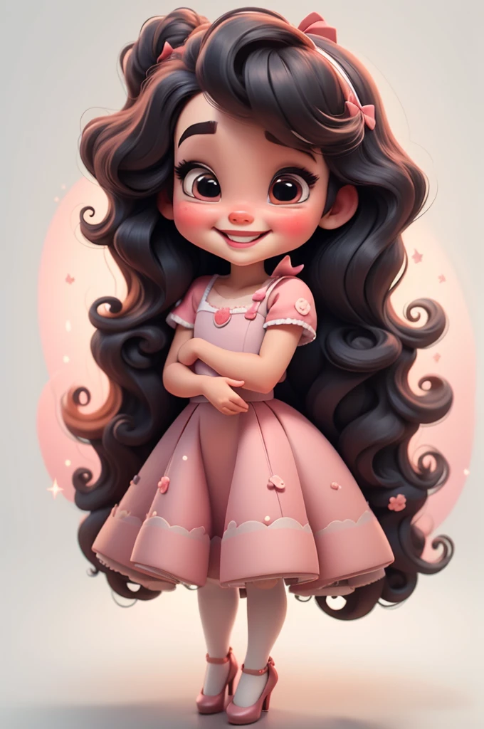 3d illustration, pixar style, cute chibi, baby girl ariana grande, black hair, long hair, red bow in hair, dress red with black with white dots, bright eyes, big eyelash, pink cheeks, happy, smiling, glitter, white socks, red high heels shoes, exuberant, fantastic, cute pose, wonderful, white background, clean solid background, hq, 8k, masterpiece
