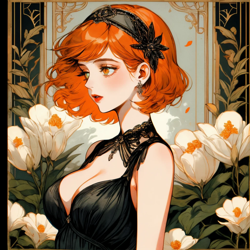 masterpiece, collage of short soft orange haired woman holding flowers, hazel green eyes, big , show cleavage, wearing black dress and black flapper headband, seductive pose, 1920s, 1920s outfit, in a cruise