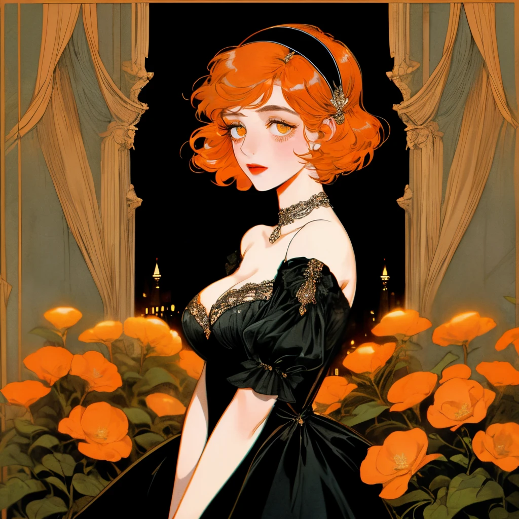 masterpiece, collage of short orange haired woman, hazel eyes, facing side slightly, show cleavage a little, wearing black dress and black flapper headband, German, 1920s, 1920s outfit, a singer, in a cruise, flower, calm demeanor