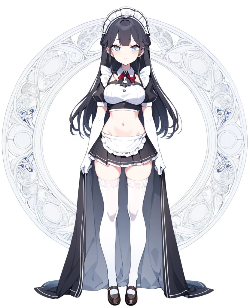 (1girl), (full body:1.25), (white background:1.3), ((standing)), solo, looking at viewer, tachi-e, (maid), cropped top, (own hands clasped), navel, midriff, headdress, white ?????, white frill, white gloves, (elbow gloves), opera gloves, white knee socks, white stocking, thigh high socks, boutie, loafer, lace trim, lace, (miniskirt:1.15), (black skirt), black puffy short sleeve, slim waist, (large breasts), 18 years old, teenager, (long hair), black hair, straight hair, (thin thigh), skinny, detailed eyes, sharp face, attractive, kindness, ornate, gorgeous, luxurious