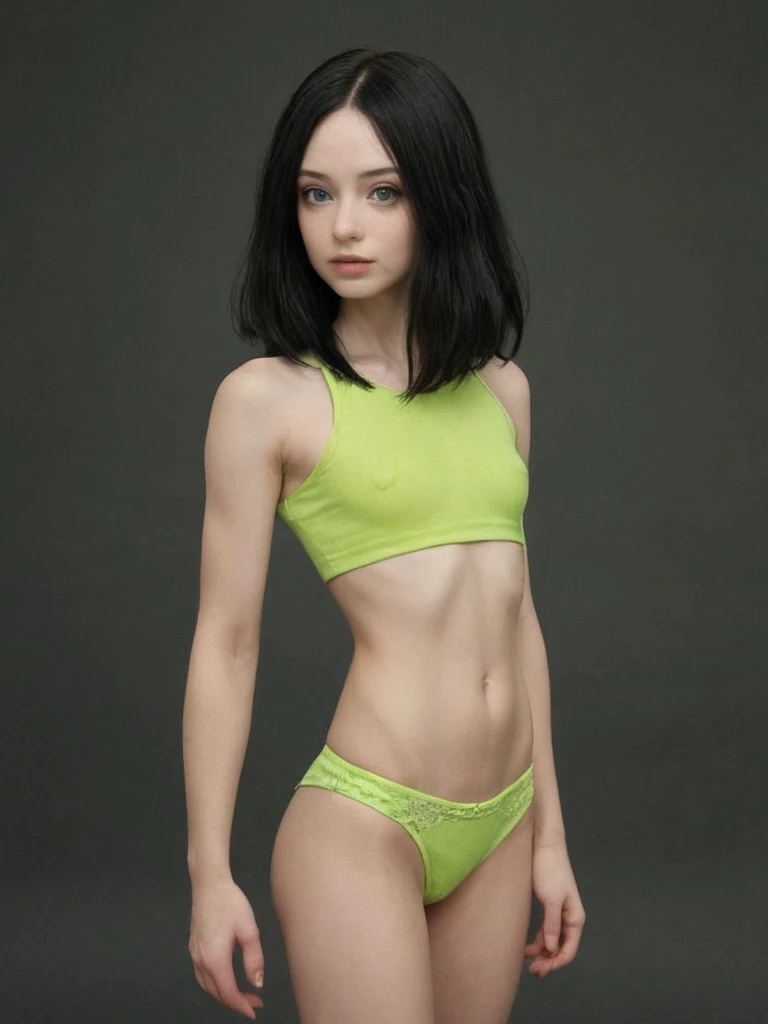 Hyperrealistic art beautiful girl, comely, skinny, muscular, Asian, dollface, aged, small medium chest, pale skin, vlh, far away_body hair, lime green tight short doll, Black body hair curto . Extremely high resolution details, photographic, realism taken to the extreme, fine texture, stunningly lifelike