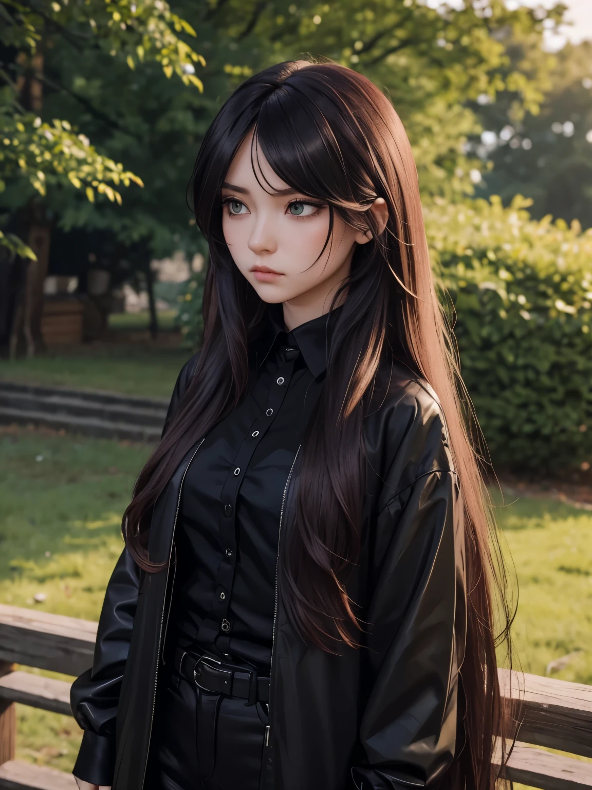Streamer Alina Rin, russet hair, slightly green eyes, gothic jacket and a black colored shirt, long hair, messy hair, hair spread out, straight hair, big hair, expressive hair, long eyelashes, closed mouth, turn pale, tsundere, troll, lonely, tired, pensive