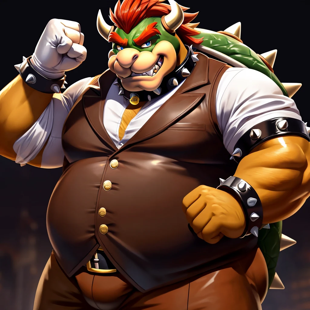 Solo, Male, fat, extremely obese, gentleman, dapper Professor Bowser, blue eyes, (posing:1.3), (soft shading), 4k, hi res, ((detailed face, detailed)), looking at viewer, evil grin, steampunk, collared shirt with buttons, top hat, male focus, Explorer Outfit, glasses, monocle, bag, vest with buttons, backpack, sleeves rolled up, round eyewear, brown headwear, brown vest, Bowser is wearing a glossy leather dog collar around the neck, Bowser is wearing the leather collar and shirt and vest at the same time, Bowser is wearing glossy white rubber gloves on the hands, wearing white rubber gloves on the feet, Bowser is wearing glossy white cuffs around the wrists with cufflinks, gloves are rubber in texture, clenching teeth, clenching fists, leather collar is glossy and shiny with a lot of detail, Bowser is wearing gloves and cuffs and cufflinks at the same time, leather collar has a round dog-tag, leather collar is thick and detailed.