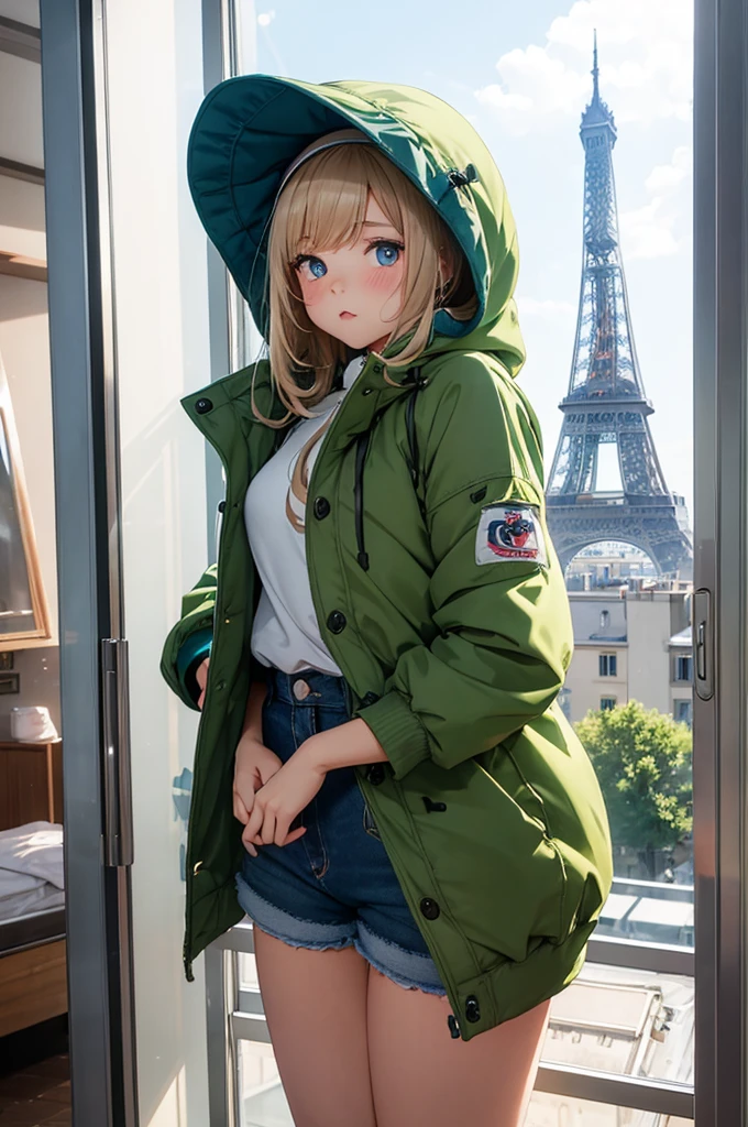 1 female, shy, french girl, young , bonnet, cute, thick thighs, small breast, full body pic, blond, blue pupils, pout, best quality, eiffel tower on the window, cute, green parka, denim shorts, in an apartment.