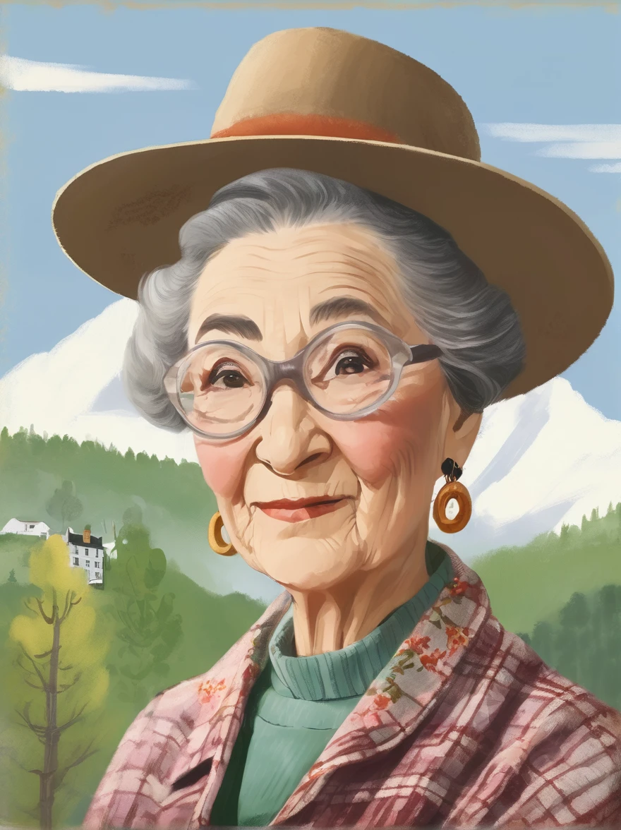 in style of Grandma Moses, character concept design, half body