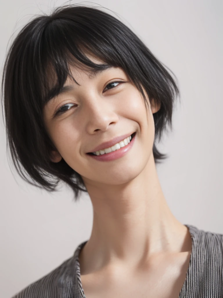 (((Masterpiece))), (high quality), one Japanese boy, 18 years old,(tall and thin,sleepy droopy eyes, long face,thin cheeks:1.5),(black shaggy short hair,blank expression,smile:1.5),(Plain background:1.5),