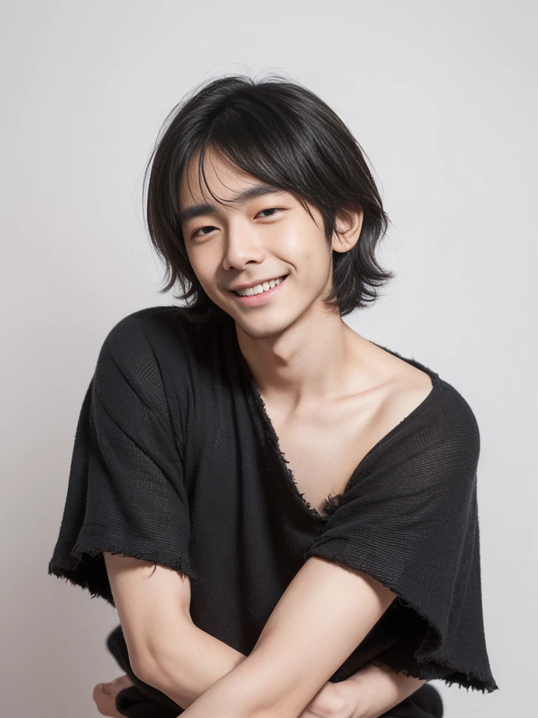(((Masterpiece))), (high quality), one Japanese boy, 18 years old,(tall and thin,sleepy droopy eyes, long face,thin cheeks:1.5),(black shaggy short hair,blank expression,smile:1.5),(Plain background:1.5),