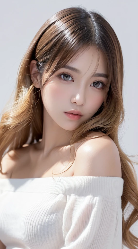 (((((White BlondeのLong Hair、Long Hair、超Long Hair、Off-the-shoulder blouse、Fluffy Wave、White Blonde、Gal、beauty、Well-groomed face、beautiful girl、White background、half、Japanese Idols))))), Highest quality, shape, Very detailed, finely, High resolution, 8k wallpaper, 完璧なダイナミックな構shape, finelyて美しい目,  Natural Lip , Big Breasts, Random sexy poses,
