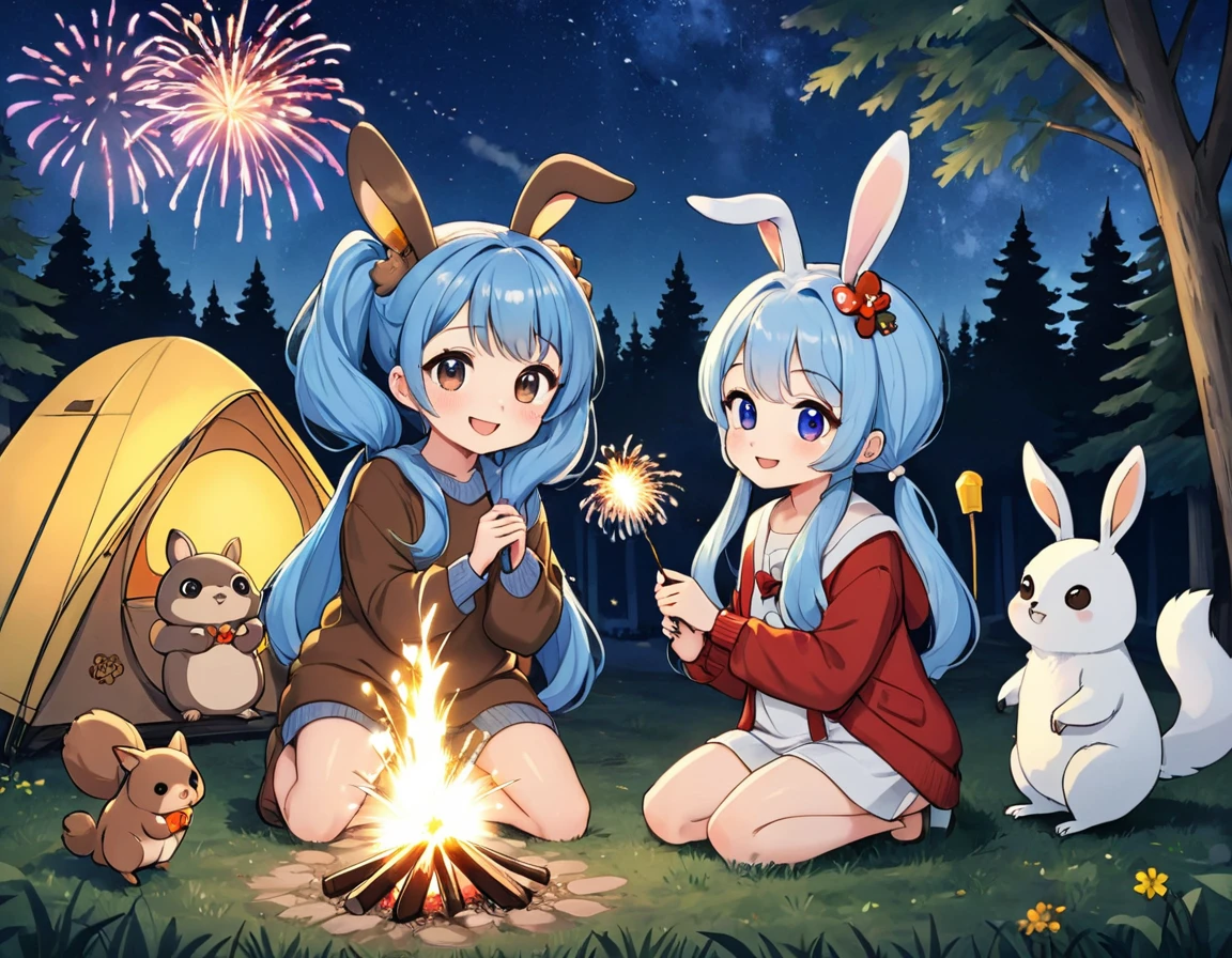 Campfire in the woods、Two Girls,1 Chibi Character、Nice face,Dark Eyes、Light blue long hair、Beautiful girl with twin tails,Forest animals and fireworks、Rabbit、Squirrel、Bear、deer、owl、Lots of animals、Crouched down holding a sparkler and watching the sparks fly、Bright smile、Warm and soft lighting,Night Sky,Starry Sky