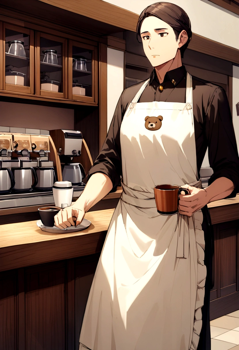 Bear wearing an apron A bear wearing an apron, he is the owner of a coffee shop. No characters needed No people No girls