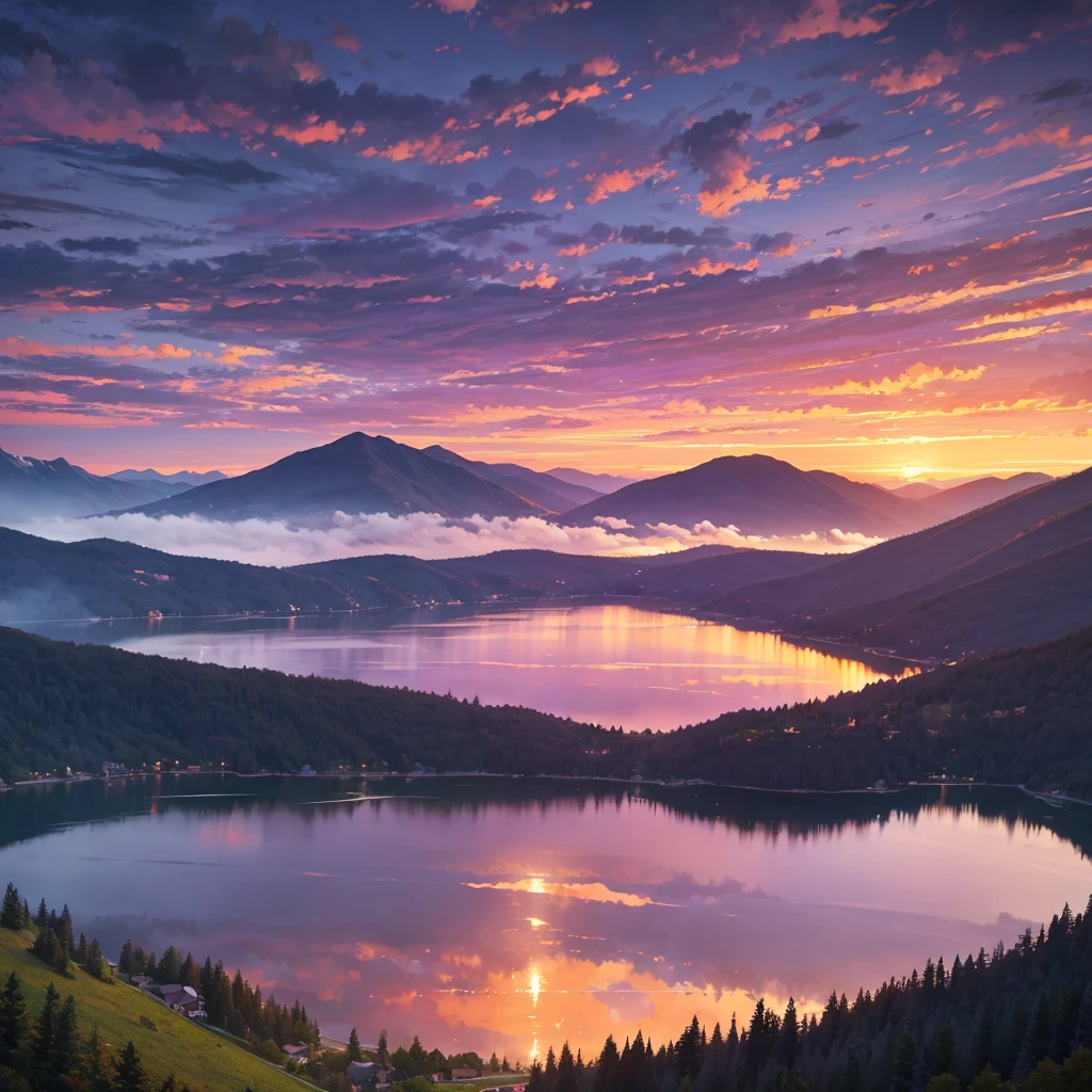A beautiful purple sky, dramatic sunset, glowing clouds, detailed landscape, rolling hills, lush greenery, serene lake, reflection, dramatic lighting, painterly style, vibrant colors, photorealistic, 8k, high quality, masterpiece